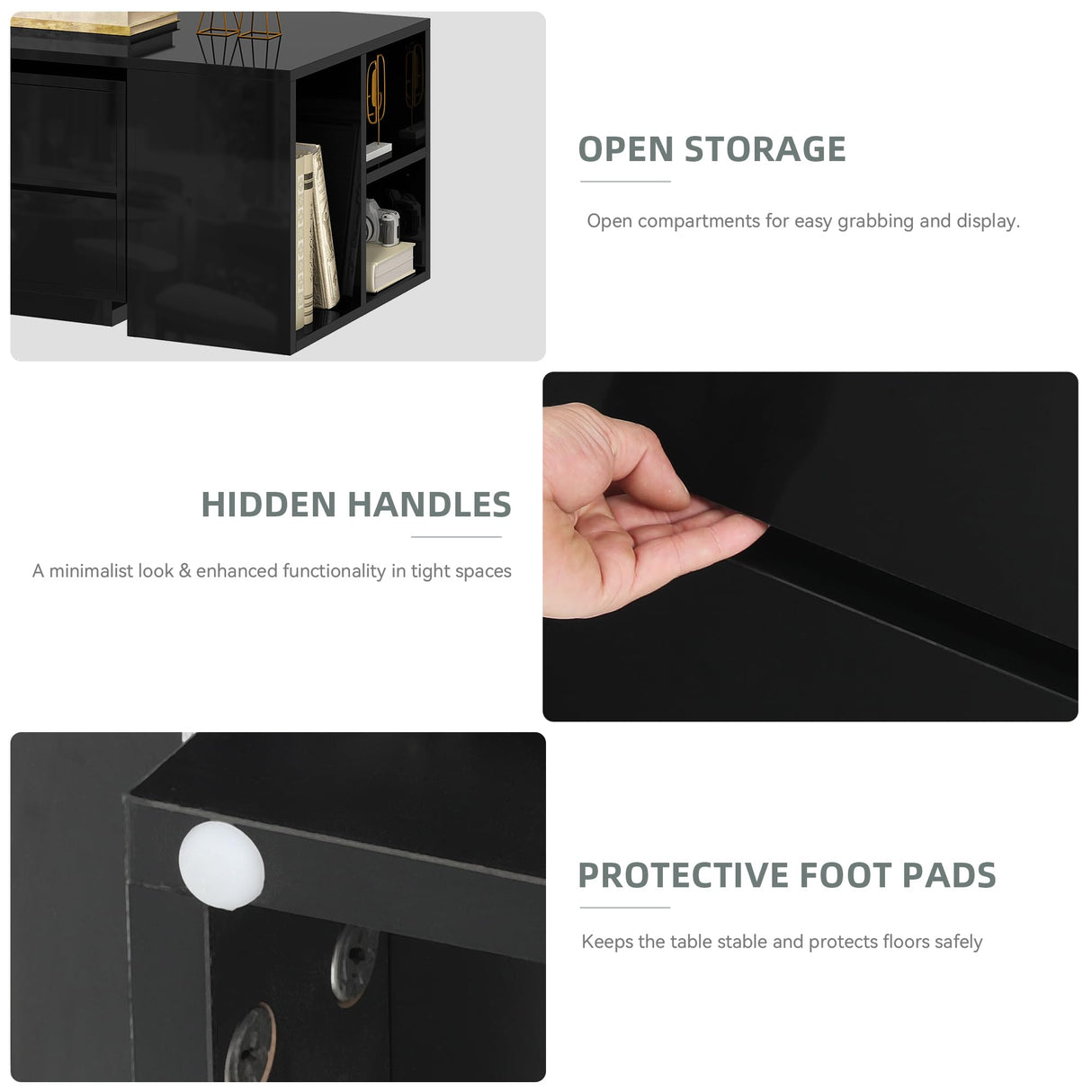 YITAHOME LED Coffee Table with Storage 4 Drawers, Modern Coffee Tables for Living Room, Wooden Rectangle Extendable Center Table with Open Shelves & Sliding Tabletop 35"- 61" for Home Office, Black YITAHOME