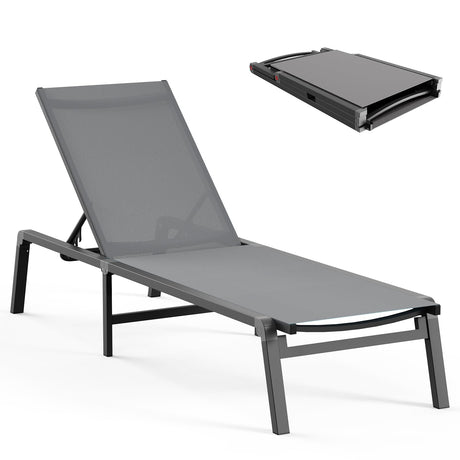 Aluminum Chaise Lounge Ourdoor - Foldable & Assemble Free Outdoor Lounge Chair with 5 Adjustable Backrest, Patio Lounge Chair for Outside Poolside Beach Pool, Grey Ciokea