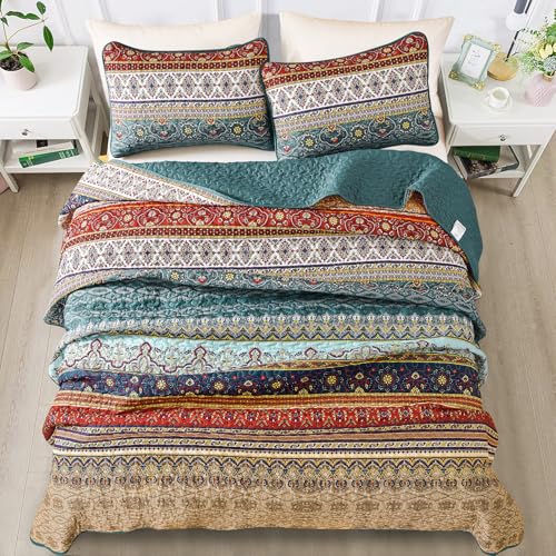 WONGS BEDDING Boho Queen Quilt Set, Green and Brown Bohemian Queen Quilt Bedding Set, Lightweight Microfiber Bed Decor Bedspread for All Season 96"x90"(3 Pieces) WONGS BEDDING