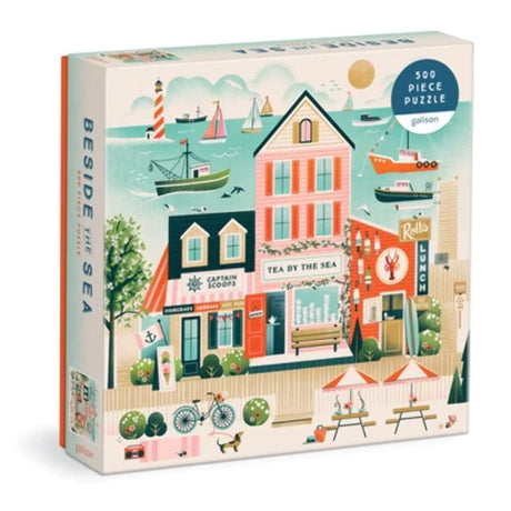 Galison Beside The Sea – 500 Piece Puzzle Fun and Challenging Activity with Bright and Bold Artwork of Charming Village and Sea Scenery for Adults and Families Galison