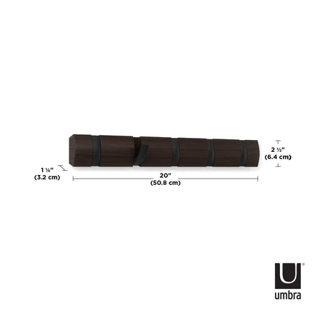 Umbra Flip Wall-Mounted Coat Rack Rail Hook for Hats, Jackets, Bags and More – Modern, Space-Saving Storage Organizer for Entryway, Mudroom, Closet, Bathroom, Bedroom, Kids Room, or Nursery, 5 Hooks, Walnut/Black Umbra