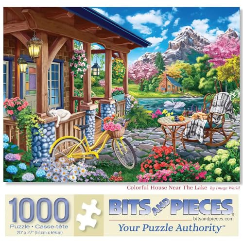 Bits and Pieces - 1000 Piece Jigsaw Puzzle for Adults - 20" x 27" - Colorful House Near The Lake - 1000 pc Mountainside Retreat Spring Jigsaw Bits and Pieces