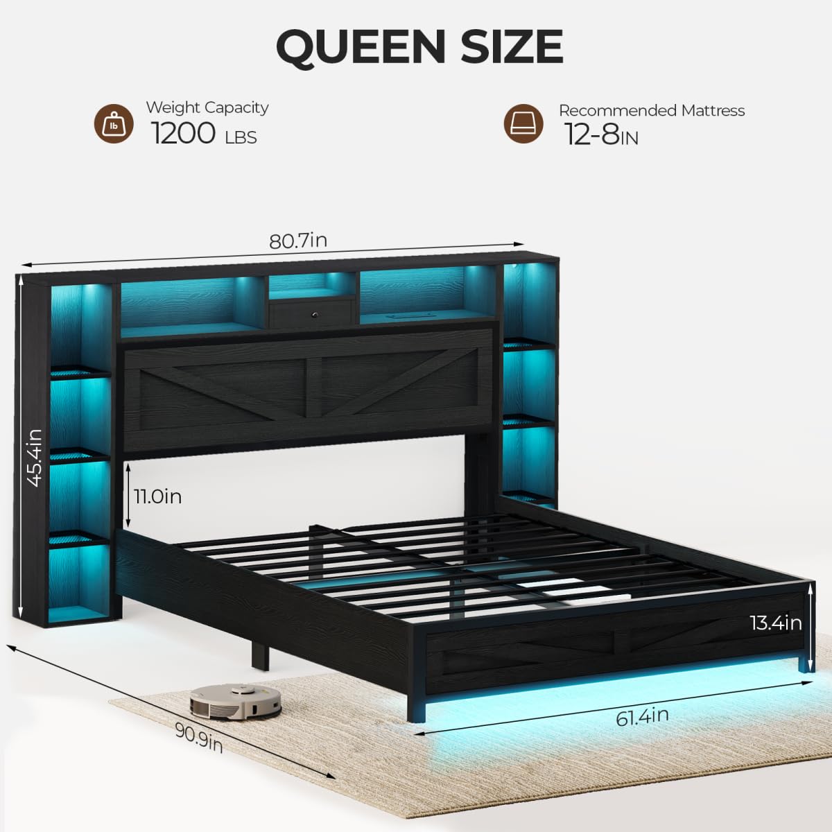 Siihnon Queen Bed Frame with Bookcase Headboard and Bedside Storage, Black Farmhouse Bed Frame Queen Size with Charging Station and LED Lights, Heavy Duty Metal Slats, Noiseless, No Box Spring Needed Siihnon