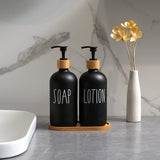 MOMEEMO Black Soap Dispenser Bathroom Set, Set with Glass Dispenser, Bamboo Pumps & Tray. Hand and Lotion Suitable for Farmhouse Decor. (Black) MOMEEMO