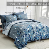 Anibedding Blue Comforter Set Queen Size 7 Piece Navy Botanical Gradient Leaves Ultra Soft Microfiber Down Alternative Bedding Set Lightweight Reversible Bed Comforter Set for All Season 90" x 90" Anibedding