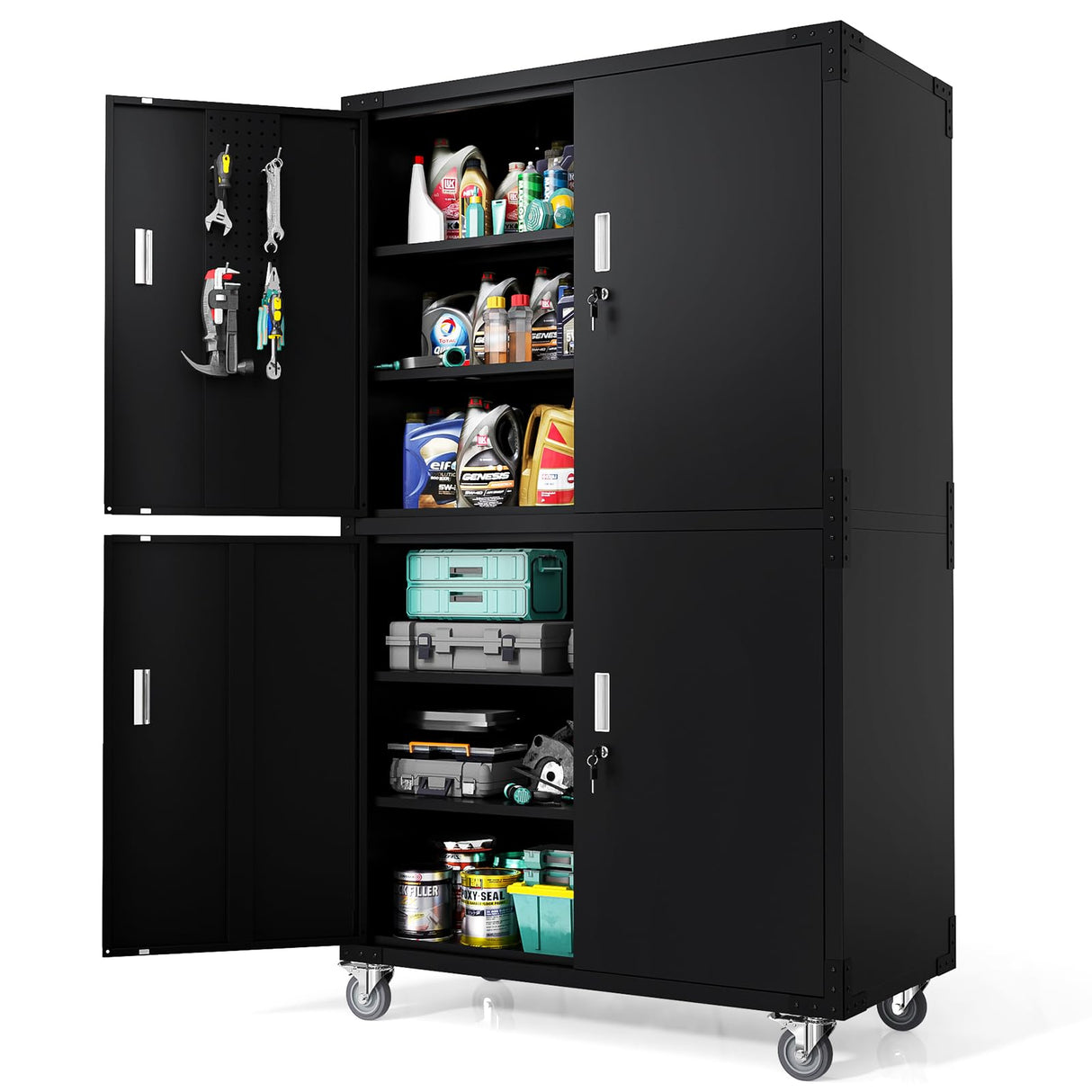 VINGLI Large Garage Storage Cabinet with 4 Doors, Upgraded Height & Wide & Deep, 43''W x 23''D x 75''H, Oversized Metal Storage Cabinet with Pegboards Wheels Locks and Adjustable Shelves (Black) VINGLI