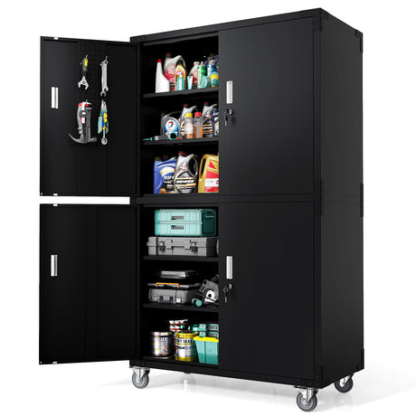 VINGLI Large Garage Storage Cabinet with 4 Doors, Upgraded Height & Wide & Deep, 43''W x 23''D x 75''H, Oversized Metal Storage Cabinet with Pegboards Wheels Locks and Adjustable Shelves (Black) VINGLI