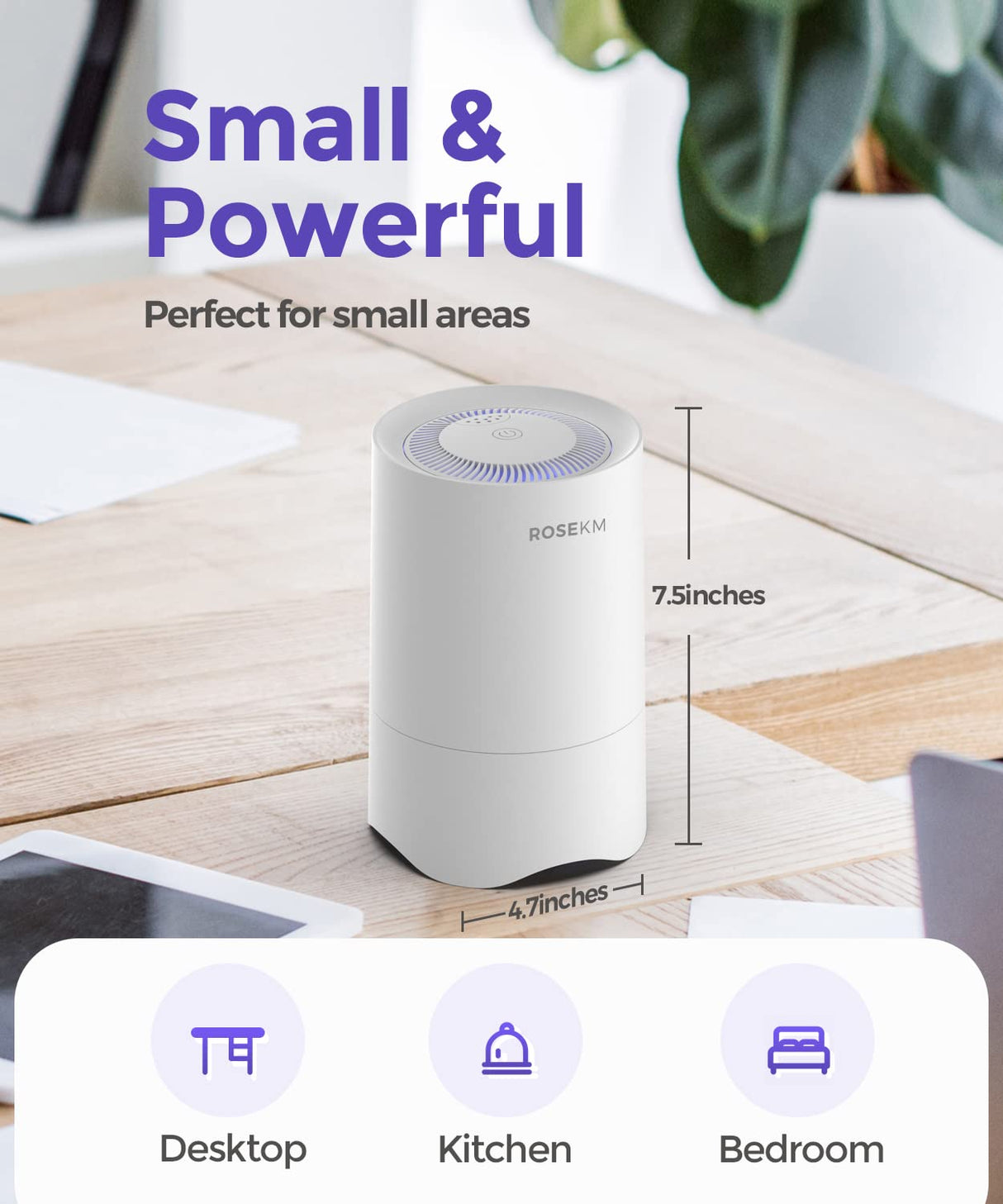 Rosekm Small Air Purifier for Home Bedroom, Personal Desk Mini Air Purifier, Room Hepa Air Purifier Fresheners Cleaner for Dorm, Pets, Smoke, Desktop, Office (White) Rosekm