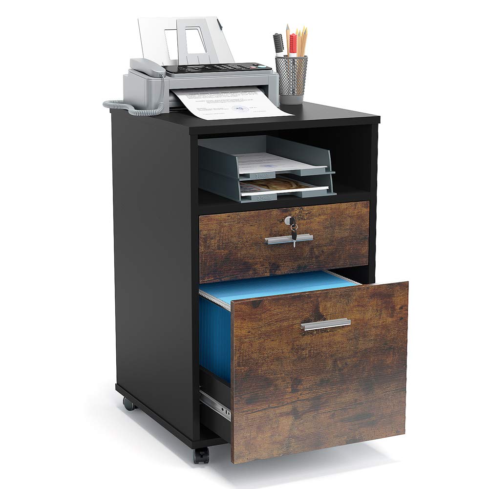 Tribesigns 2 Drawer Mobile File Cabinet with Lock, Wood Modern Filing Cabinet for Letter Size, Printer Stand with Rolling Wheels and Open Storage Shelf for Home Office(Rustic Brown) Tribesigns