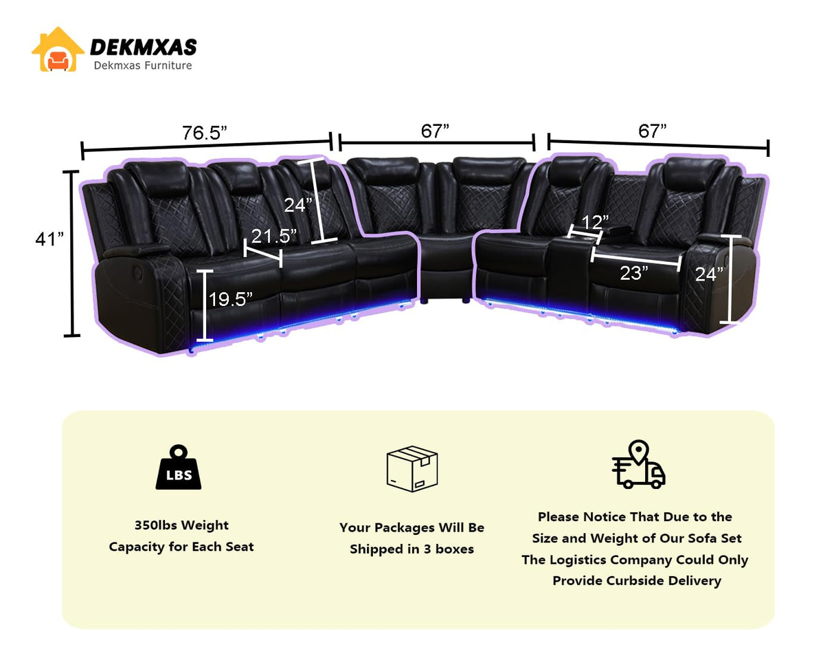 Dekmxas Living Room Furniture Set, Power Sectional Recliner Sofa Set with LED Light,Black Air Leather Power Reclining Sofa with 2 Recliner Seats/Cup Holders/USB Port/Storage Console for Living Room Dekmxas