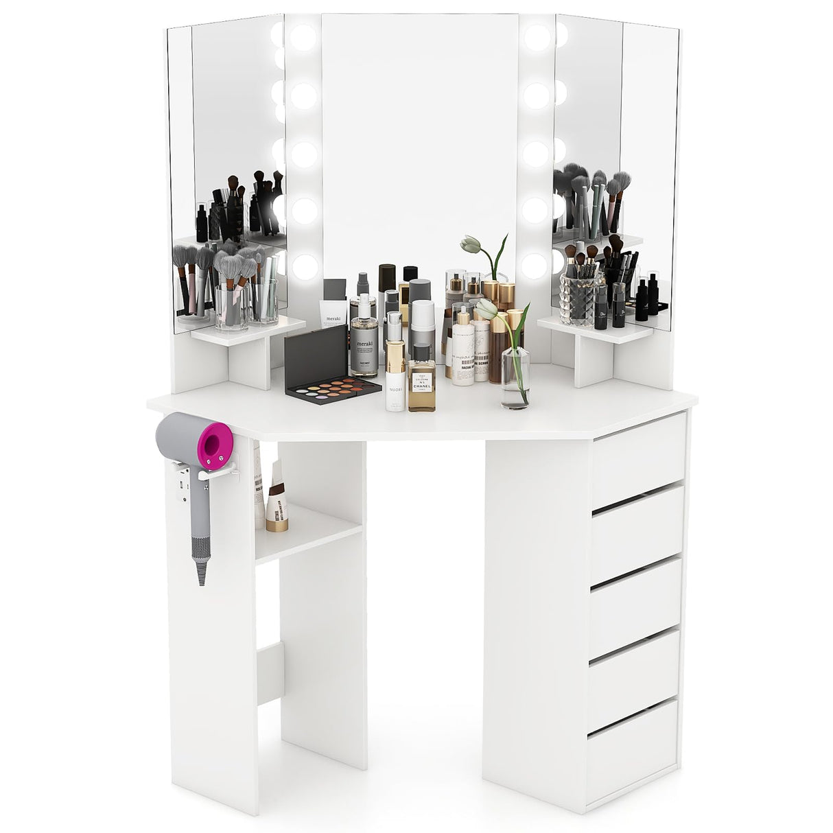 GOFLAME Corner Vanity with Mirror and Lights, Compact Vanity Table with Charging Station, 3 Lighting Modes, 5 Drawers, Dressing Table, Modern Makeup Vanity Desk with Triple Mirror for Bedroom (White) GOFLAME