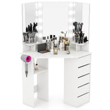 GOFLAME Corner Vanity with Mirror and Lights, Compact Vanity Table with Charging Station, 3 Lighting Modes, 5 Drawers, Dressing Table, Modern Makeup Vanity Desk with Triple Mirror for Bedroom (White) GOFLAME