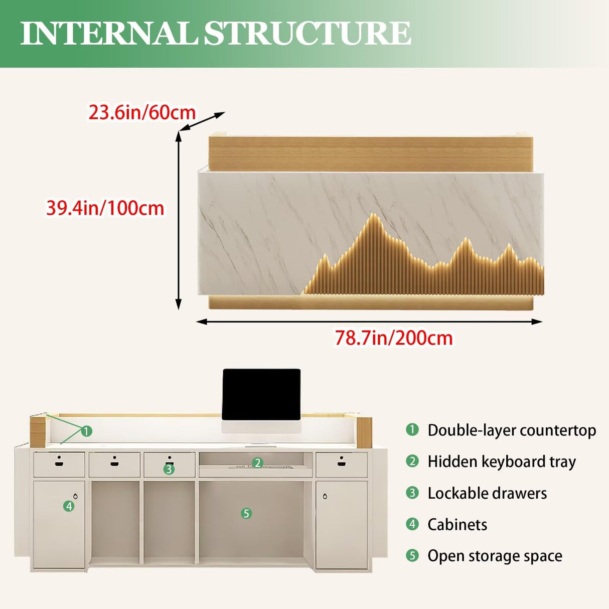 Reception Desk Modern Front Office Desk Reception Counter Receptionist Room Tables with Lock Drawer Checkout Cashier Counter for Lobby Beauty Salon, No Assembly Required White and Wood 79inch Generic