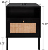 Rattan Night Stand Set 2, Boho Bedside Table Black Nightstand with Rattan Door, Storage Cabinet, Open Storage Space & Sturdy Metal Legs, Accent Bed Side Table, Wood End Tables Bedroom Angel Sar