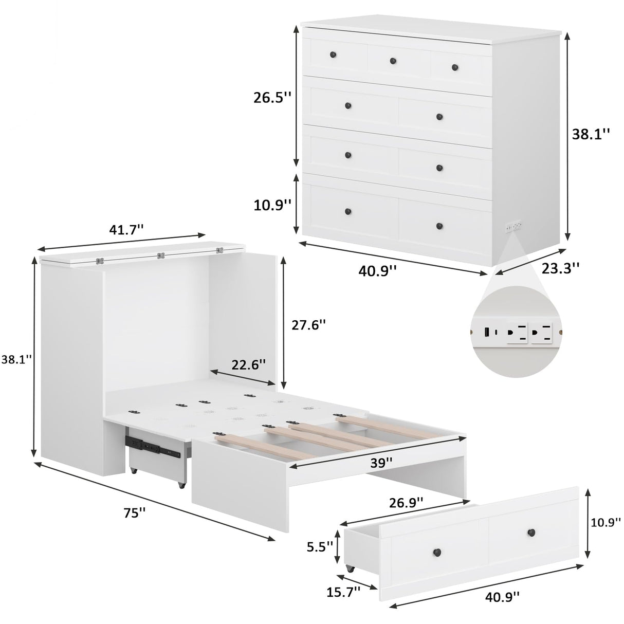 LIVAUVEAD Twin Murphy Bed with Built-in Charging Station, Space-Saving Murphy Bed Chest Twin with Drawer, Foldable, for Home Office Guest Room Bedroom White LIVAUVEAD