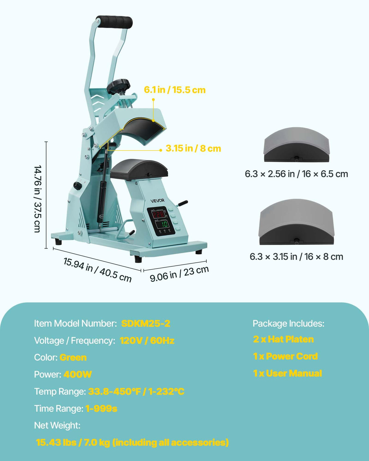 VEVOR Hat Heat Press Machine, with 2pcs Interchangeable Platens, Precise Temperature and Time Control, Hat Press for HTV Iron On and Sublimation Projects, for Caps, Headbands, Cuffs, Face Masks, Green VEVOR