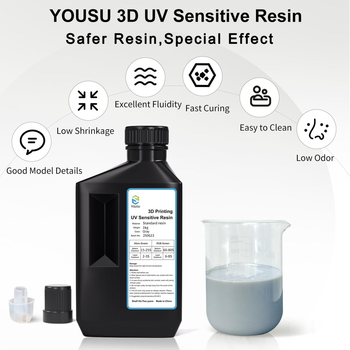 YOUSU 3D Printer Resin,Fast Curing 3D Printing Resin 1KG,Low Shrinkage High Precision Standard Photopolymer Resin for LCD DLP SLA 3D Printer (1000g, Gray) Yousu