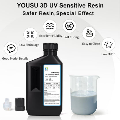 YOUSU 3D Printer Resin,Fast Curing 3D Printing Resin 1KG,Low Shrinkage High Precision Standard Photopolymer Resin for LCD DLP SLA 3D Printer (1000g, Gray)