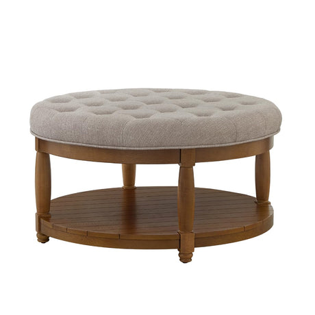 24KF Upholstered Round Coffee Table with Wooden Shelf, Tufted Button Large Round Ottoman with Spindle Wooden Legs, Linen Large Footrest Ottoman Pouf for Living Room, Linen 24KF