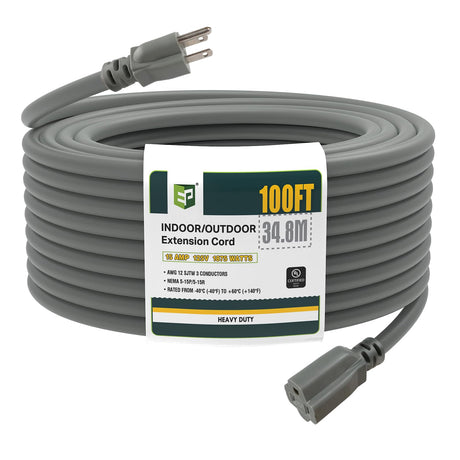 EP 100 Ft Outdoor Extension Cord, 12/3 SJTW Heavy Duty Extension Cable with 3 Prong Grounded Plug, 15 AMP Power Cord for Lawn, Garden, Appliances, Gray EP