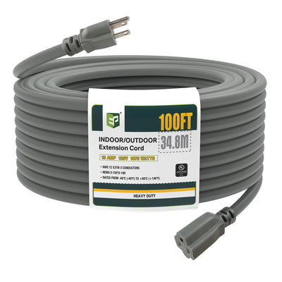 EP 100 Ft Outdoor Extension Cord, 12/3 SJTW Heavy Duty Extension Cable with 3 Prong Grounded Plug, 15 AMP Power Cord for Lawn, Garden, Appliances, Gray