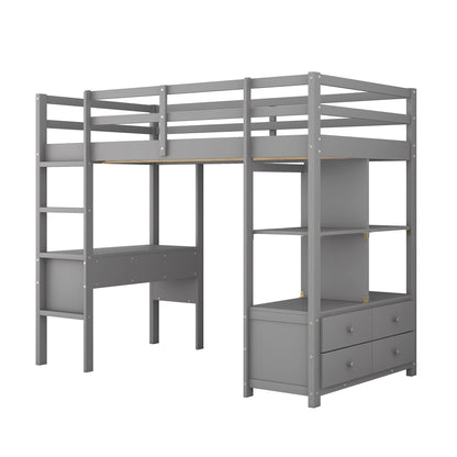 Harper & Bright Designs Twin Size Loft Bed with Desk and Storage, Wood High Loft Bed Frame with Shelves, Multifunctional Loft Bed Twin for Kids Teens Adults (Grey) - WoodArtSupply