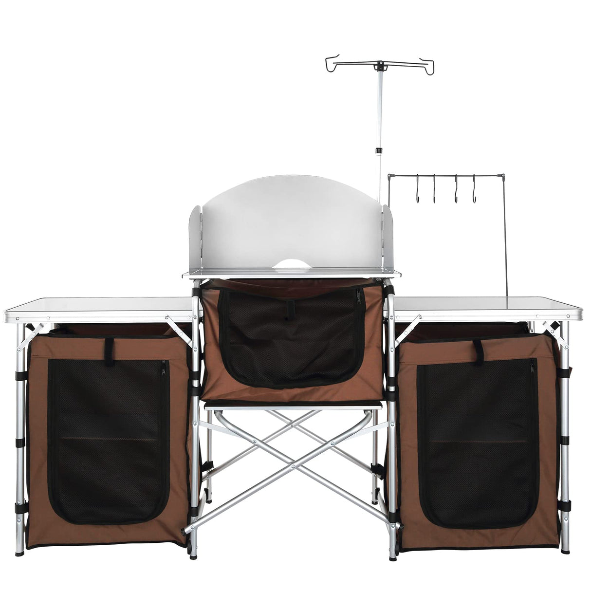VEVOR Camping Kitchen Table, Folding Outdoor Cooking Table with Storage Carrying Bag, Aluminum Cook Station 3 Cupboard & Detachable Windscreen, Quick Set-up for Picnics, BBQ, RV Traveling, Brown VEVOR