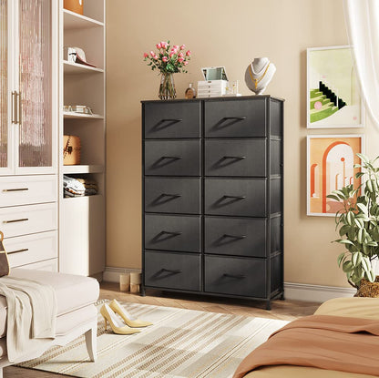 WLIVE Tall Black Dresser for Bedroom with 10 Drawers, Chest of Drawers, Dressers Bedroom Furniture, Storage Organizer Unit with Fabric Bins for Closet, Hallway, Living Room, Entryway