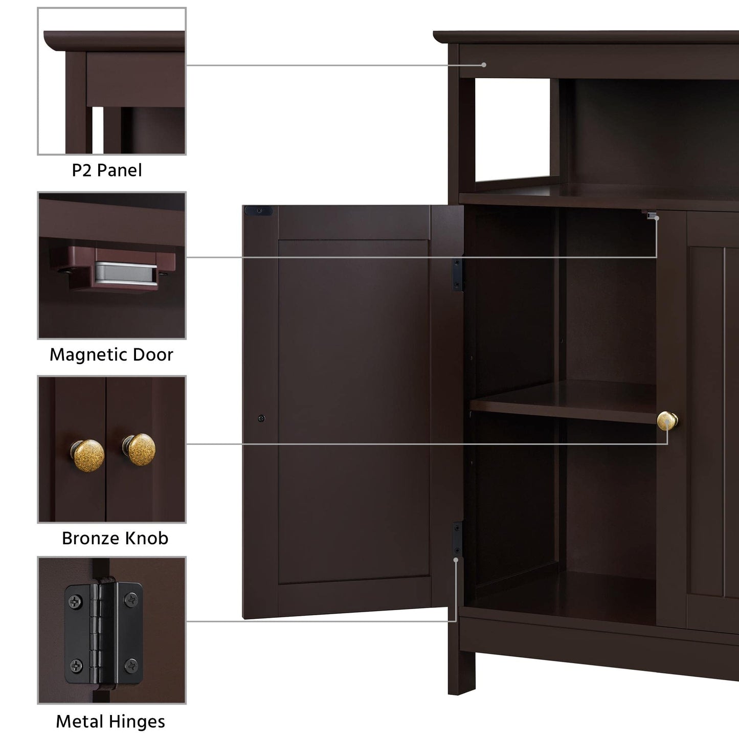 Yaheetech Espresso Bathroom Floor Storage Cabinet with Adjustable Shelf and 2 Doors - WoodArtSupply