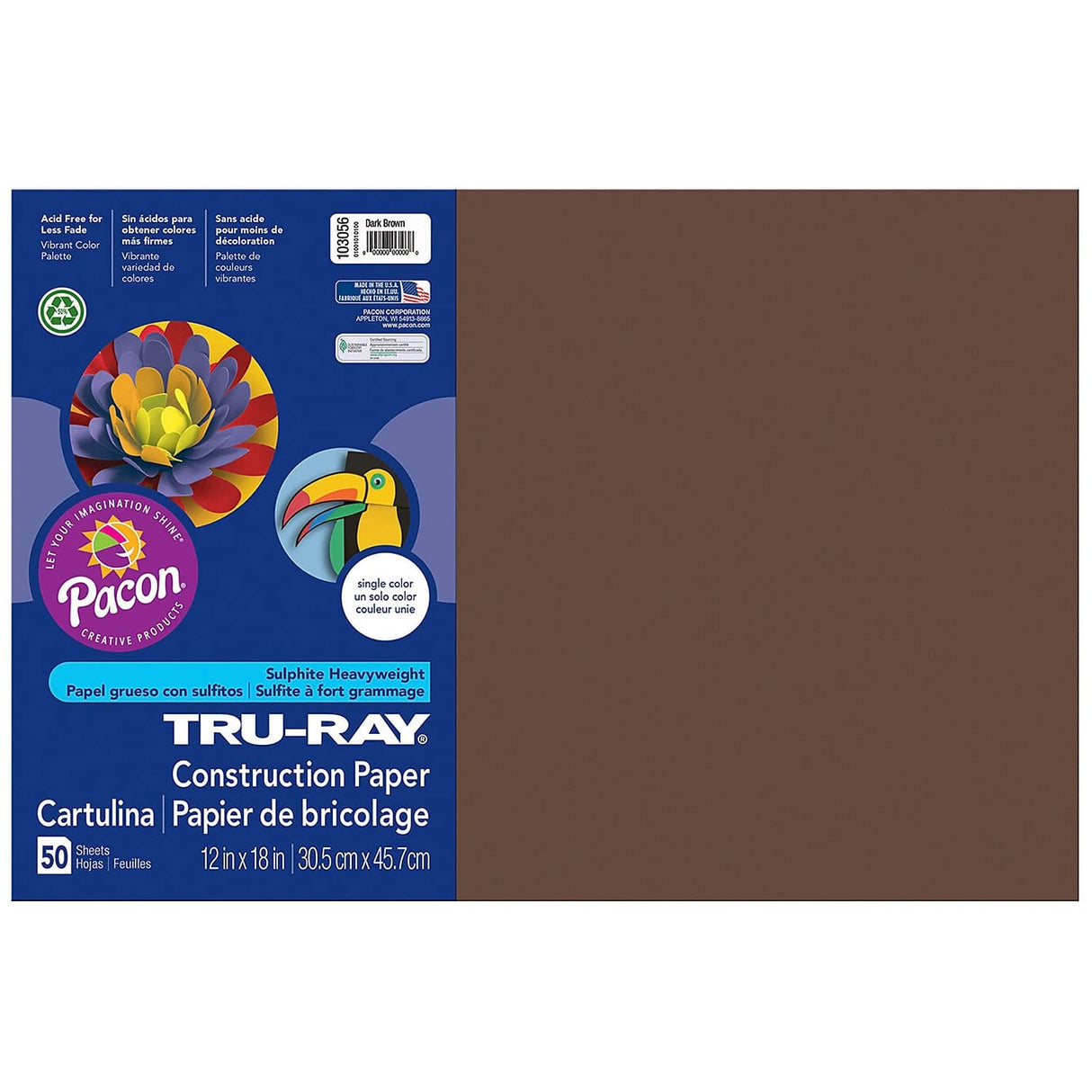 Pacon Tru-Ray 12-inch x 18-inch Construction Paper, Dark Brown, 50 Sheets/Pack, 5 Packs (PAC103056-5) Tru-Ray