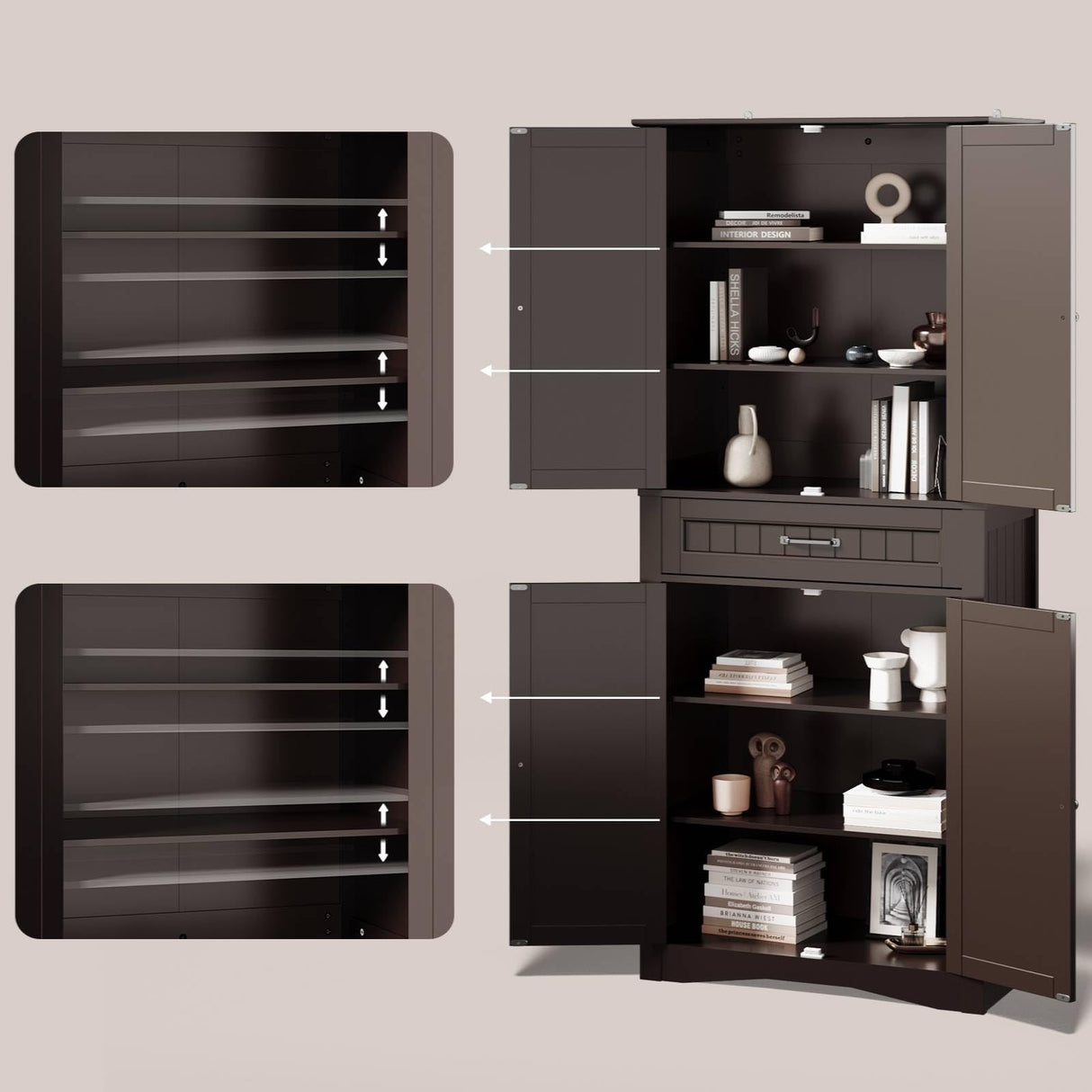 Gizoon 71'' Kitchen Pantry Storage Cabinet, Freestanding Cupboard with 4 Barn Doors and 4 Adjustable Shelves, Hutch Bar Cabinet with Large Drawer for Kitchen, Living Room, Dining Room (Dark Brown) Gizoon