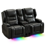 SAMERY Power Loveseat Recliner Sofa Set, Faux Leather Reclining Loveseat Sofa RV Couch Living Room Furniture Set with Console, Bluetooth Speakers, LED Light, USB, Cup Holders (Black 2 Seater) SAMERY