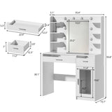 HUAHUU Vanity Desk with Mirror and Lights, Makeup Vanity Desk with Lights 3 Colors, Transparent Top Vanity with 2 RGB Drawers, 6 Shelves, Large Tempered Cabinet, Power Outlet, for Bedroom, White HUAHUU