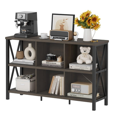 FATORRI Rustic 6 Cube Storage Organizer with Shelf, Wood and Metal Cubby Bookcase, Industrial Horizontal Bookshelf (Walnut Brown, 47 Inch)