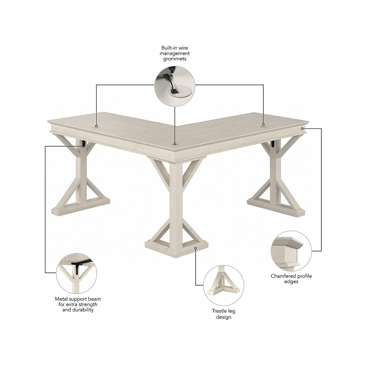 Bush Furniture Homestead Farmhouse L Shaped Desk, 60W, Linen White Oak Bush Business Furniture