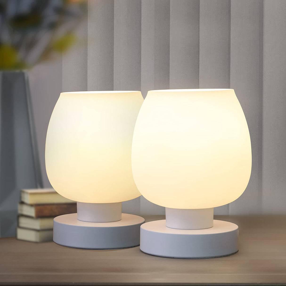 Touch Bedside Table Lamp Set of 2 - Small Modern Table Lamp for Bedroom Living Room Nightstand, 3-Way Dimable Desk lamp with White Opal Glass Lamp Shade, 2700K LED Bulb, Simple Design Home Decor ONEWISH
