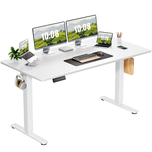 Sweetcrispy Electric Adjustable Height Standing Desk - 63 x 24 inch Sit to Stand Up Desk with Splice Board, Rising Home Office Computer Table with 2 Hook and Wire Hole for Work - WoodArtSupply