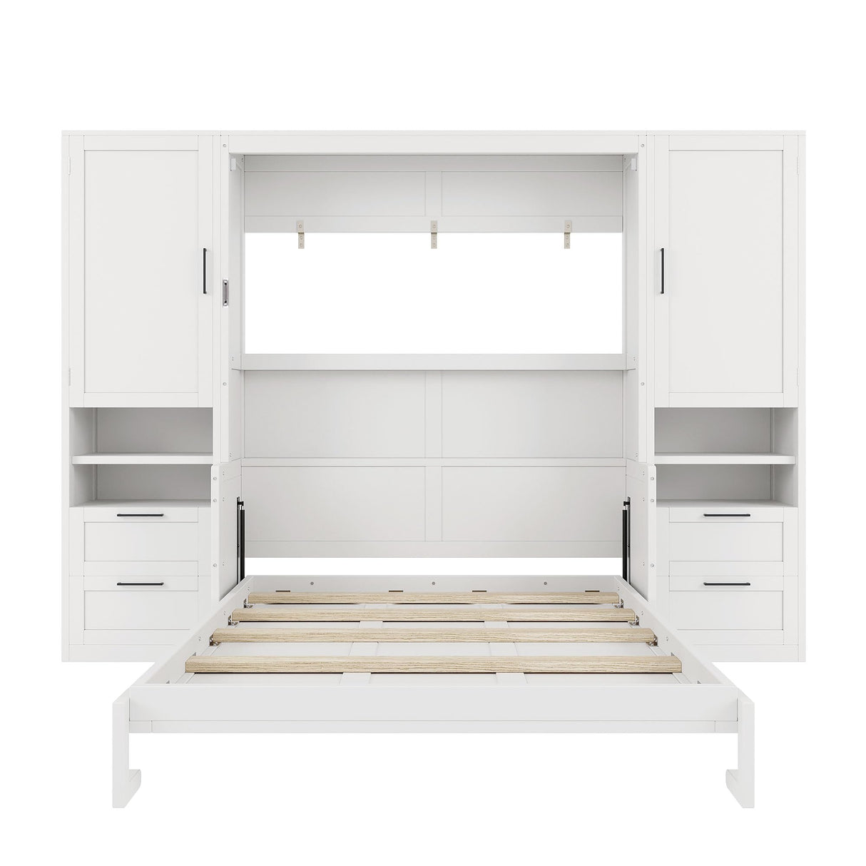 Merax Queen Size Murphy Bed with Desk, Multifunctional Foldable Wall Bed with Closet, Drawers and Shelves, Space-Saving Wood Platform Bed Frame for Small Spaces Studio Study Office Guest Room, White Merax