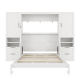 Merax Queen Size Murphy Bed with Desk, Multifunctional Foldable Wall Bed with Closet, Drawers and Shelves, Space-Saving Wood Platform Bed Frame for Small Spaces Studio Study Office Guest Room, White Merax