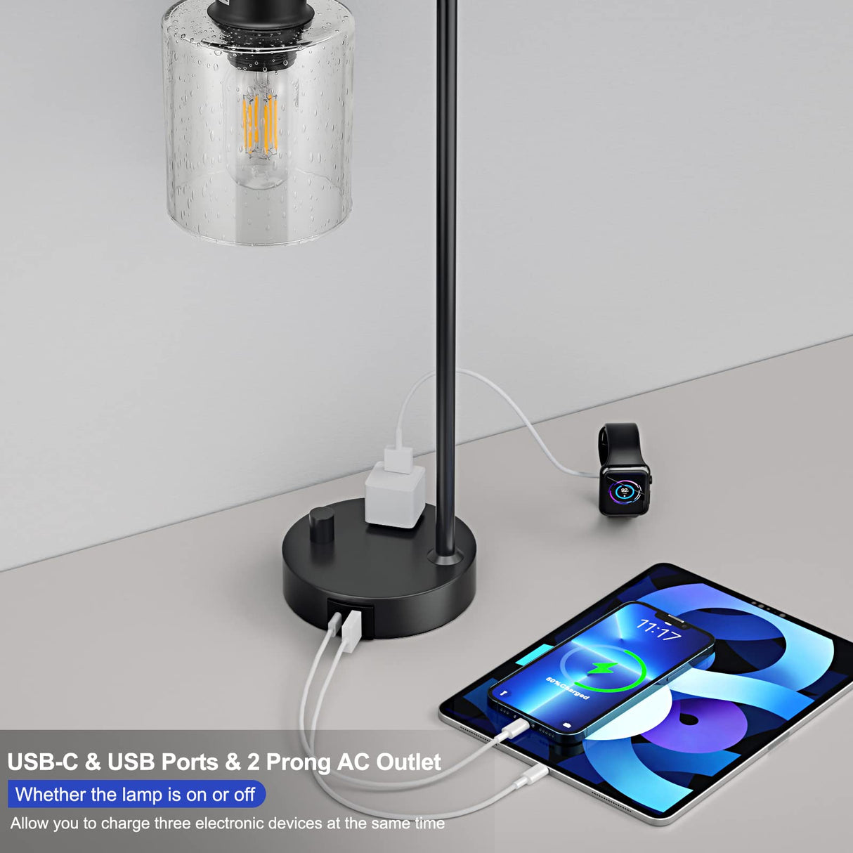 Industrial Bedside Table Lamp for Bedroom - Nightstand Lamps with USB C Charging Port, Fully Dimmable Black Ports and Outlets, Small Desk Glass Shade Office Living Room Innqoo