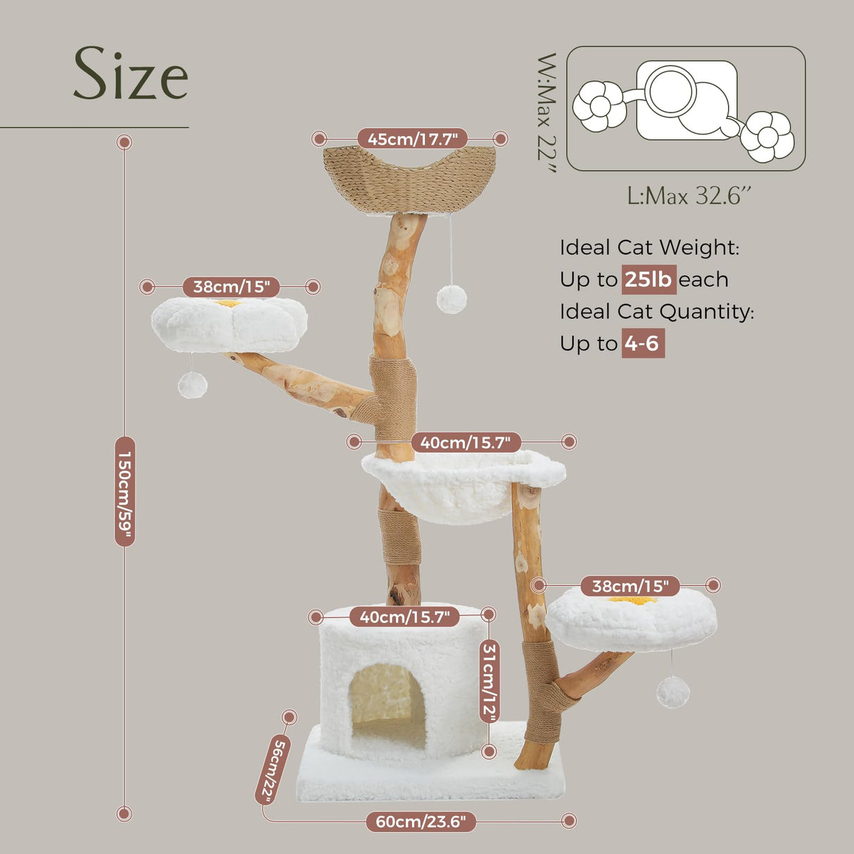 PAWZ Road Cat Tree for Indoor Cats Large Adults, 59 Inches Modern Cat Tower with Large Basket and Hammock, Natural Solid Wood, Luxury Condo & Dual Perches, Modern Cat Furniture for Big Cats, White PAWZ Road