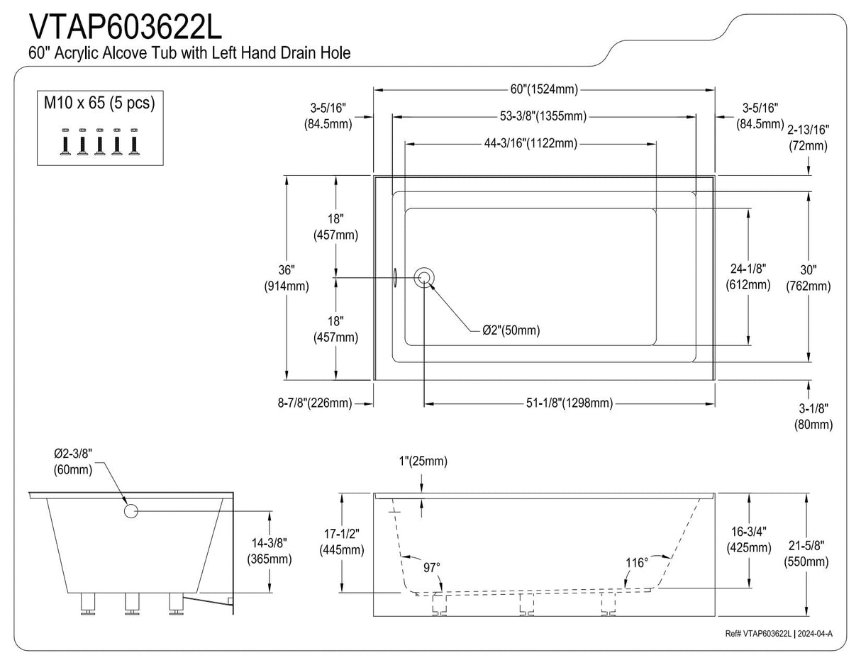 Kingston Brass Aqua Eden VTAP603622L 60-Inch Acrylic Alcove Tub with Left Hand Drain, White Kingston Brass