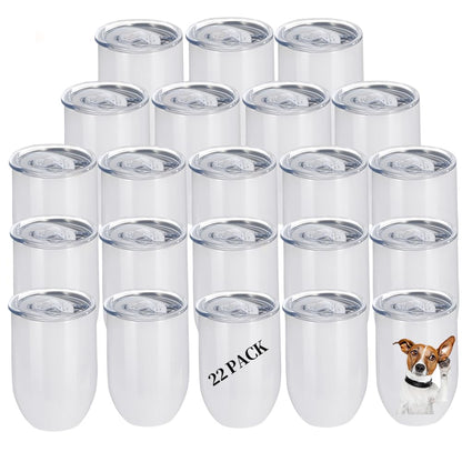 YOUKE OLA 22 Pack Sublimation Wine Tumblers Straight Blanks Stainless Steel Insulated Mug for Full Wrap Heat Transfer with Spill-Proof Sliding Lid for Coffee Cocktails Drinks 12oz