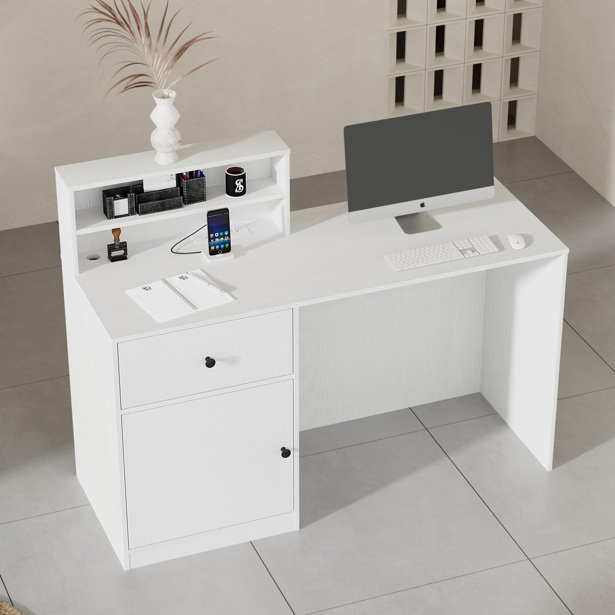 VOWNER Small Morden Reception Desk with LED Lighting, 39.4" H Office Counter with Storage Drawers, Secretary Desk with Power Outlets, Front Desk for Salon, Lobby – White (47.2" W x 18.9" D x 39.4" H) VOWNER