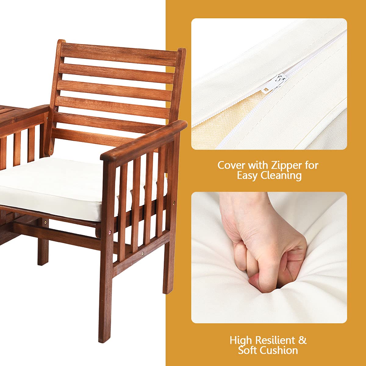 HAPPYGRILL Acacia Wood Loveseat with Table Patio Bistro Set Wooden Table Chairs Set with Cushions, Outdoor Furniture Set with 2.1-inch Umbrella Hole for Garden Balcony HAPPYGRILL