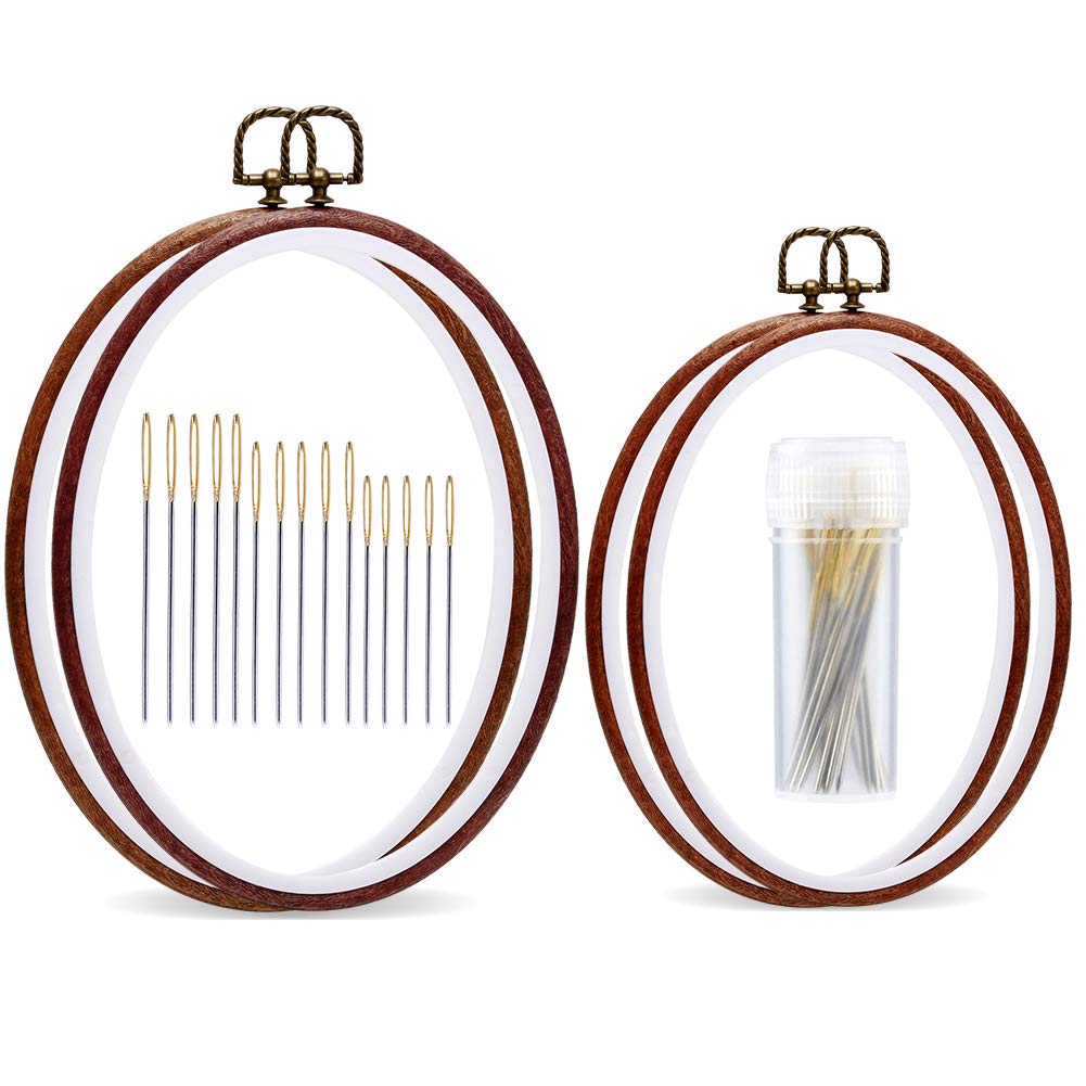 Jupean Embroidery Hoop, 7.5'' 9.2'' Oval Embroidery Hoop, Imitated Wood Display Frame with 30 Pieces Embroidery Needles, Embroidery Frame and Cross Stitch Hoop for Art Craft Sewing and Wall Hanging JUPEAN