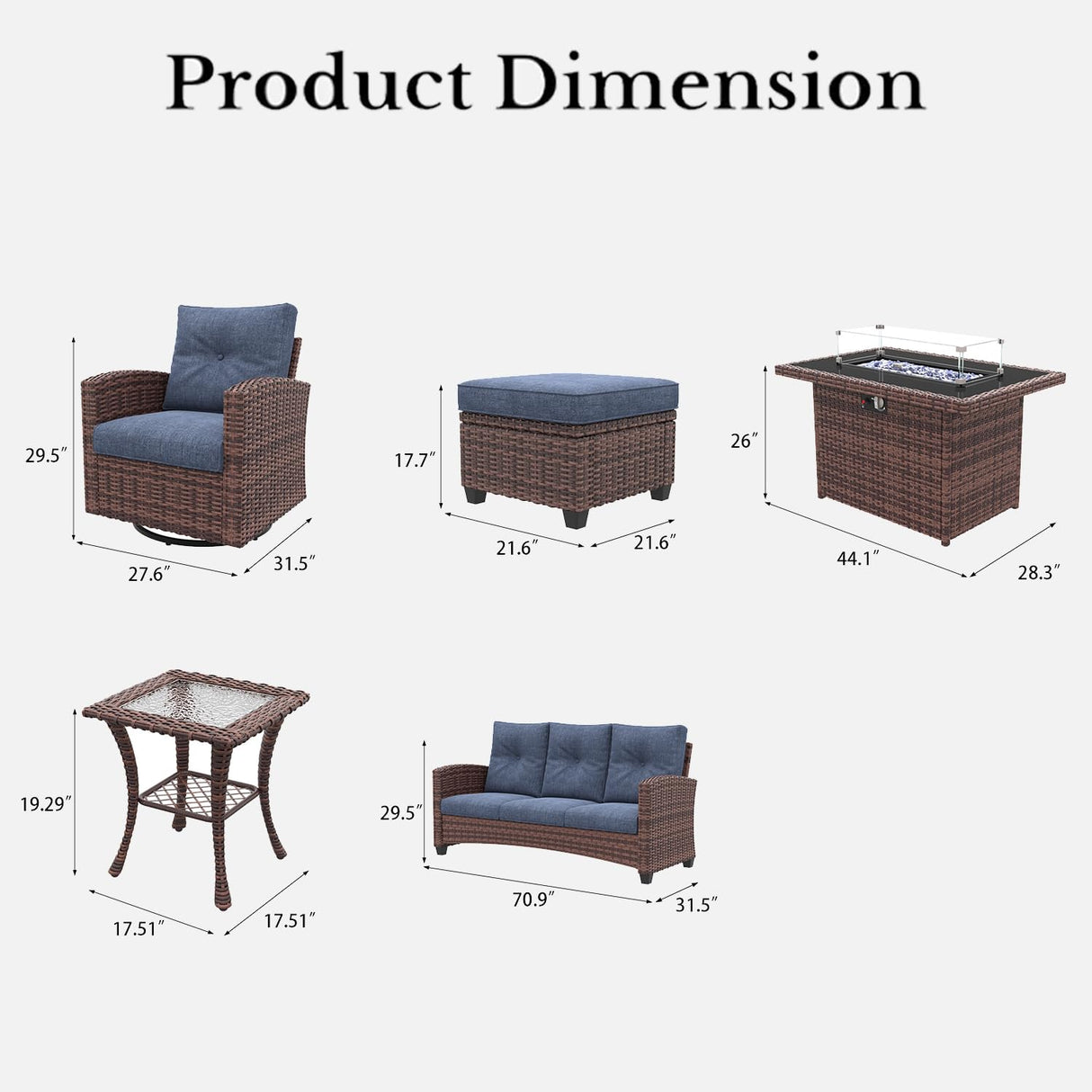 LayinSun 10 Pieces Patio Furniture Set with Swivel Chairs, Rattan Wicker Rocking Glide Chairs with 44" Propane Gas Fire Pit Table Conversation Set LayinSun