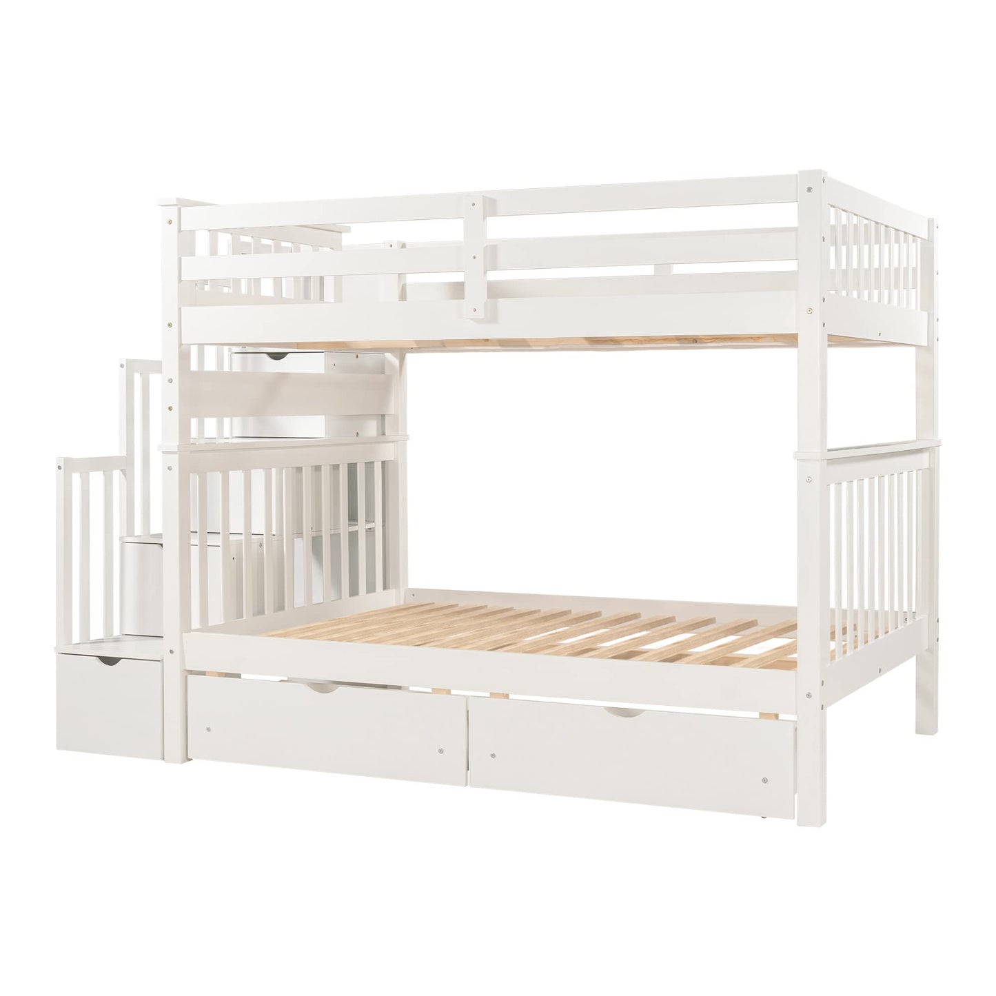 MERITLINE Full Over Full Bunk Bed with Stairs and 6 Storage Drawers, Solid Wood Bunk Bed with Storage Drawers, for Kids Teens Adults (White)