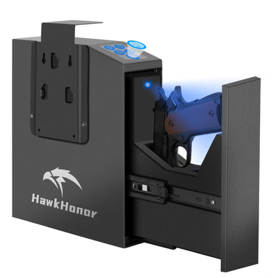 HAWKHONOR Biometric Gun Safe For Handgun, Nightstand Gun Safe, Gun Lock Box For Desk, Car, Truck, Slider Fingerprint Gun Safe Bedside, Quick Release Gun Safe With Fingerprint, PIN Code, Key Access