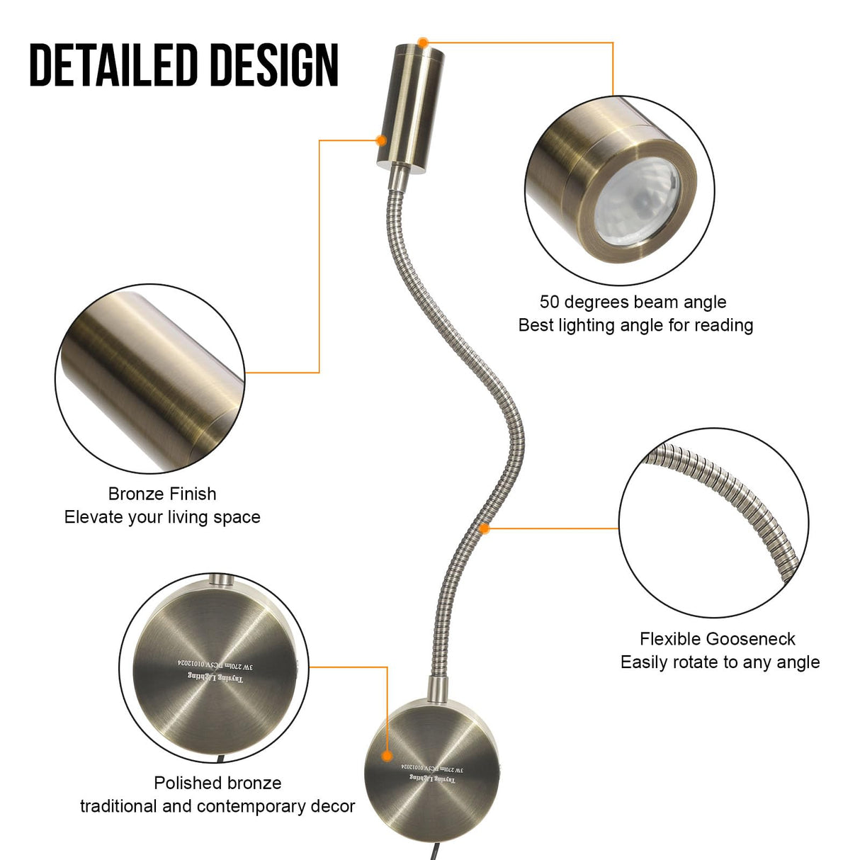 Taysing LED Reading Light 3W 270lm Dimmable Timing Wall Mounted Reading Lamp Wall Sconces Bed Lamps Task Directional LED Gooseneck Light for Bedside Headboard Bunk Bed 2 Pack(Soft White 3000K) Taysing